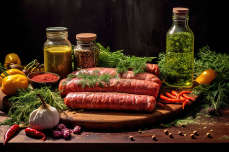 fresh sausages with herbs and spices before grilling, created with generative aiの素材