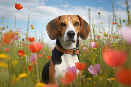 beagle with nose to the ground in a field of flowers, created with generative aiの素材