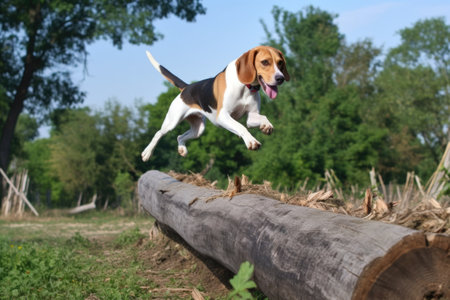 beagle in action, jumping over obstacle on scent trail, created with generative aiの素材