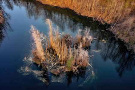 aerial view of a beaver dam across a river, created with generative aiの素材
