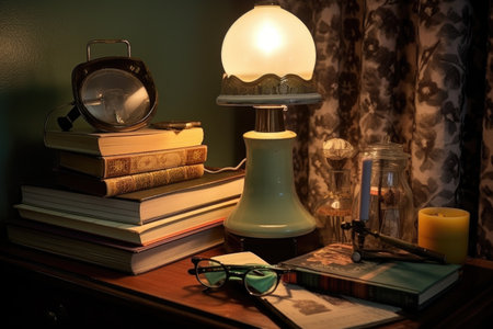 bedside lamp with books and reading glasses, created with generative aiの素材