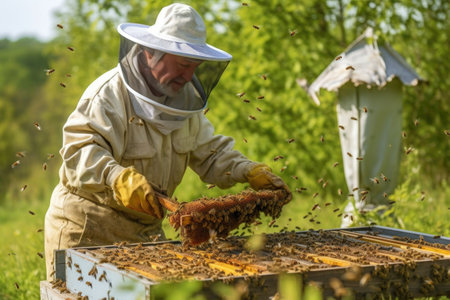 beekeeper using brush to gently remove bees from frame, created with generative aiの素材