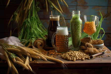 beer ingredients: barley, hops, and water on table, created with generative aiの素材