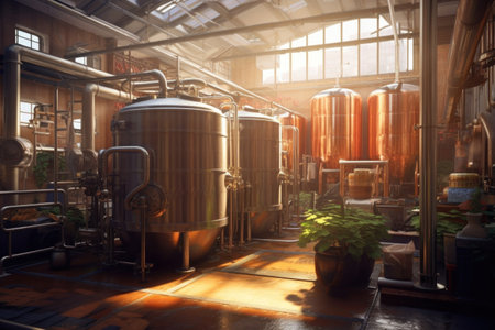 brewing tanks and equipment in a factory, created with generative aiの素材