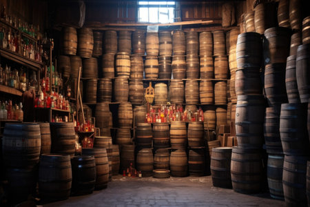 beer barrels stacked in a warehouse, created with generative aiの素材