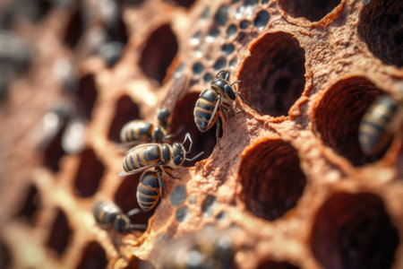 macro shot of beetle holes in decaying wood, created with generative aiの素材