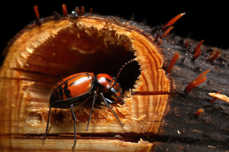 split wood log revealing beetle damage inside, created with generative aiの素材