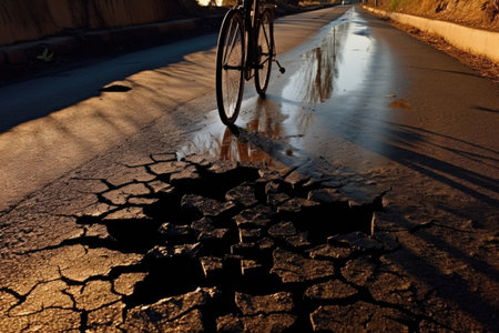 bicycle shadow approaching a large pothole, created with generative aiの素材