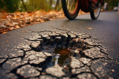 close-up of a bicycle wheel near a deep pothole, created with generative aiの素材