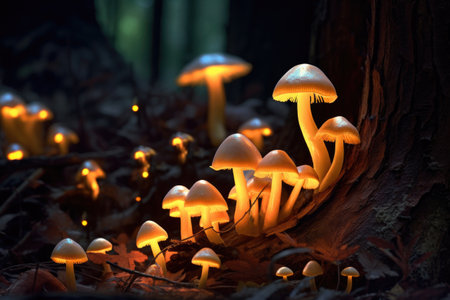 close-up of glowing mushrooms on forest floor, created with generative aiの素材