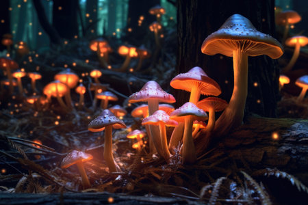 close-up of glowing mushrooms on a forest floor, created with generative aiの素材