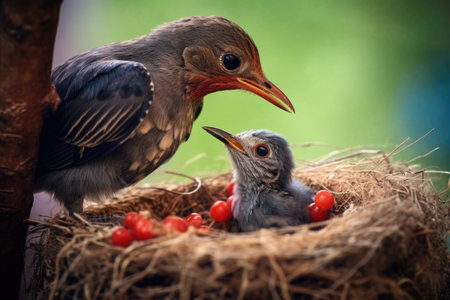 close-up of a mother bird feeding chick in a nest, created with generative aiの素材