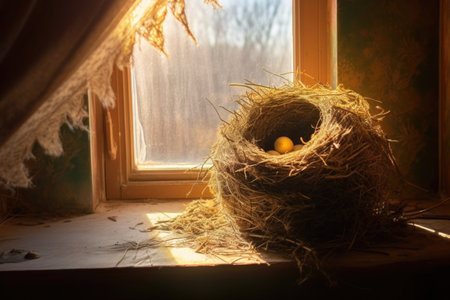 bird nest in vent with sunlight streaming in, created with generative aiの素材