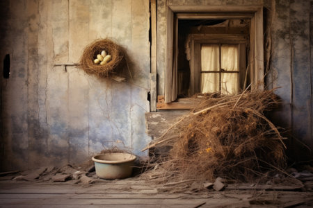 bird nest in vent on a rustic old building, created with generative aiの素材