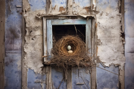 bird nest in a vent on a rustic, weathered wall, created with generative aiの素材