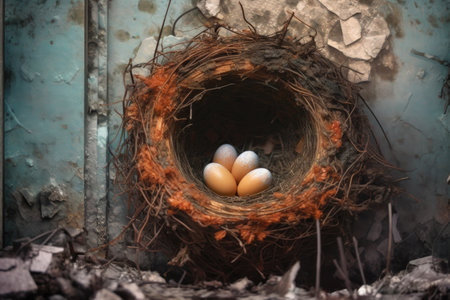 nest with eggs inside a rusty vent, created with generative aiの素材
