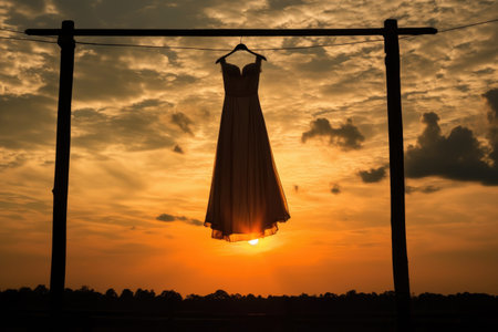 dress hanging against sunset sky, silhouetted by sunlight, created with generative aiの素材