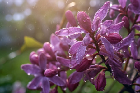 close-up of lilac flowers with dewdrops in morning light, created with generative aiの素材