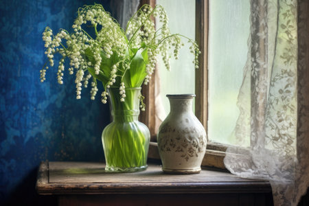 lily of the valley in a vintage vase on a windowsill, created with generative aiの素材
