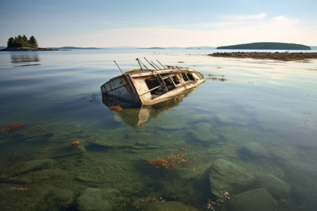 capsized boat in shallow water, sandbar visible, created with generative aiの素材