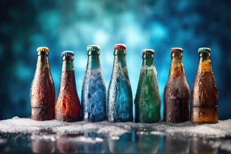 beer bottles lined up in ice, focus on central bottle, created with generative aiの素材