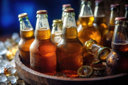 close-up of frosty beer bottles chilling in ice bucket, created with generative aiの素材