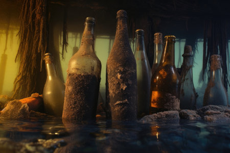 close-up of frosty beer bottles submerged in ice, created with generative aiの素材