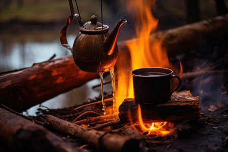 pouring hot coffee from kettle into cup by campfire, created with generative aiの素材