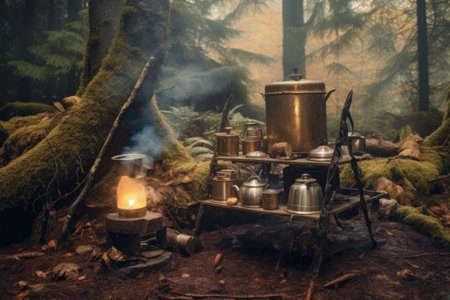 campfire coffee in a forest, with smoke and steam mixing, created with generative aiの素材