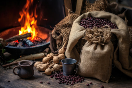 coffee beans in burlap sack next to campfire, created with generative aiの素材