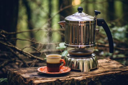coffee brewing in a vintage percolator on campfire grate, created with generative aiの素材