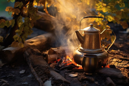 campfire with cowboy coffee pot in morning light, created with generative aiの素材