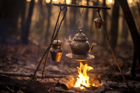 cowboy coffee pot hanging from tripod over fire, created with generative aiの素材