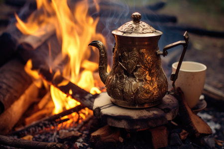 close-up of cowboy coffee pot on open campfire, created with generative aiの素材