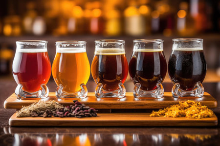 beer flight sampler with various craft brews, created with generative aiの素材