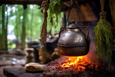rustic kettle hanging over a fire with herbs in the background, created with generative aiの素材