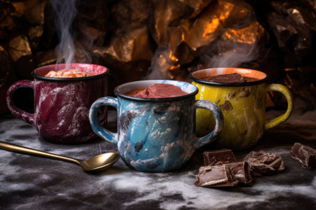 enamel mugs of hot chocolate warming by the fire, created with generative aiの素材