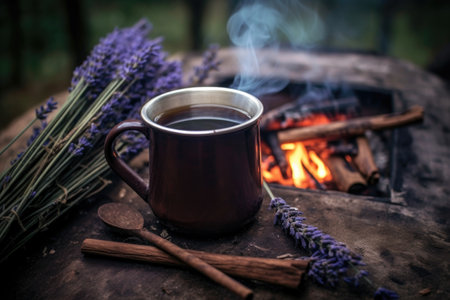 lavender tea in a rustic mug beside a campfire, created with generative aiの素材