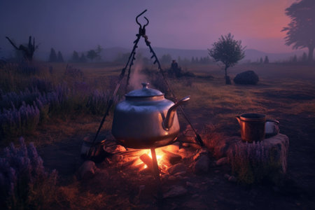 kettle steaming over campfire with lavender nearby, created with generative aiの素材