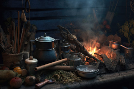 rustic campfire scene with mate tea ingredients and utensils, created with generative aiの素材