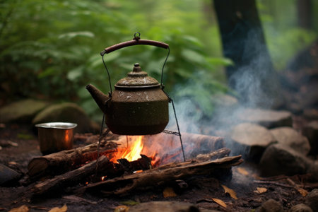 rustic kettle with mint tea steaming on a campfire, created with generative aiの素材