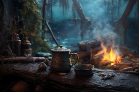 steaming mug of mint tea beside a cozy campfire, created with generative aiの素材