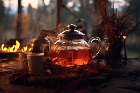 rooibos tea steeping in glass teapot with campfire backdrop, created with generative aiの素材