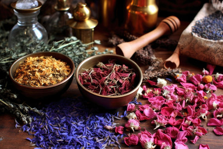herbal tea ingredients like chamomile, lavender, and rose petals, created with generative aiの素材