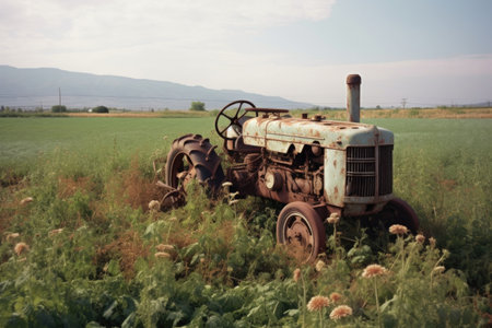 broken tractor beside thriving crop field, created with generative aiの素材
