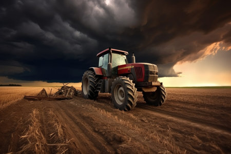 broken tractor under dramatic stormy sky, created with generative aiの素材