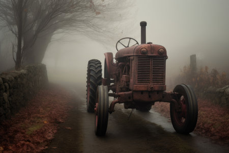 weathered tractor in a dramatic foggy setting, created with generative aiの素材