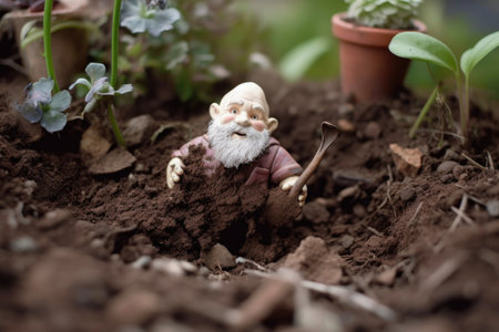 partially buried broken gnome in soil, created with generative aiの素材