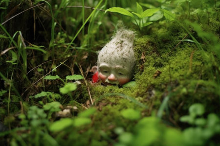 gnome face down in a patch of overgrown grass, created with generative aiの素材