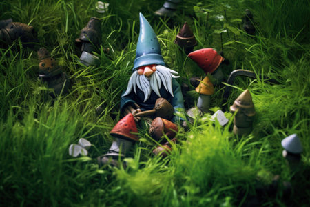 pieces of a gnome scattered in lush green grass, created with generative aiの素材